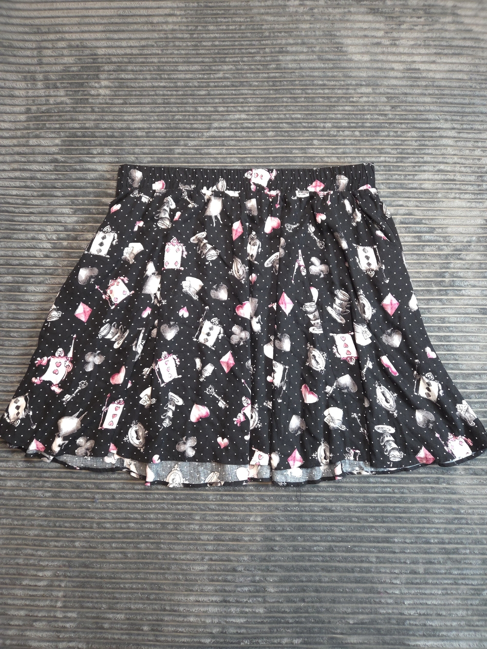 Disney Black A-Line Skirt with Pink & White Alice In Wonderland Characters
